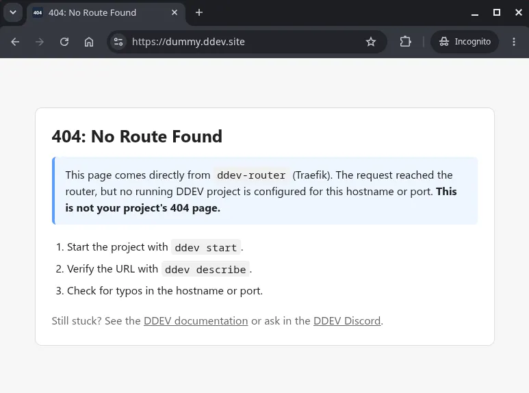 The ddev-router 404 page, shown for a hostname with no running DDEV project