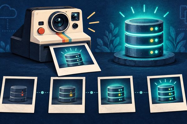 A retro instant camera producing photos of a glowing database server, with database checkpoints lined up below.