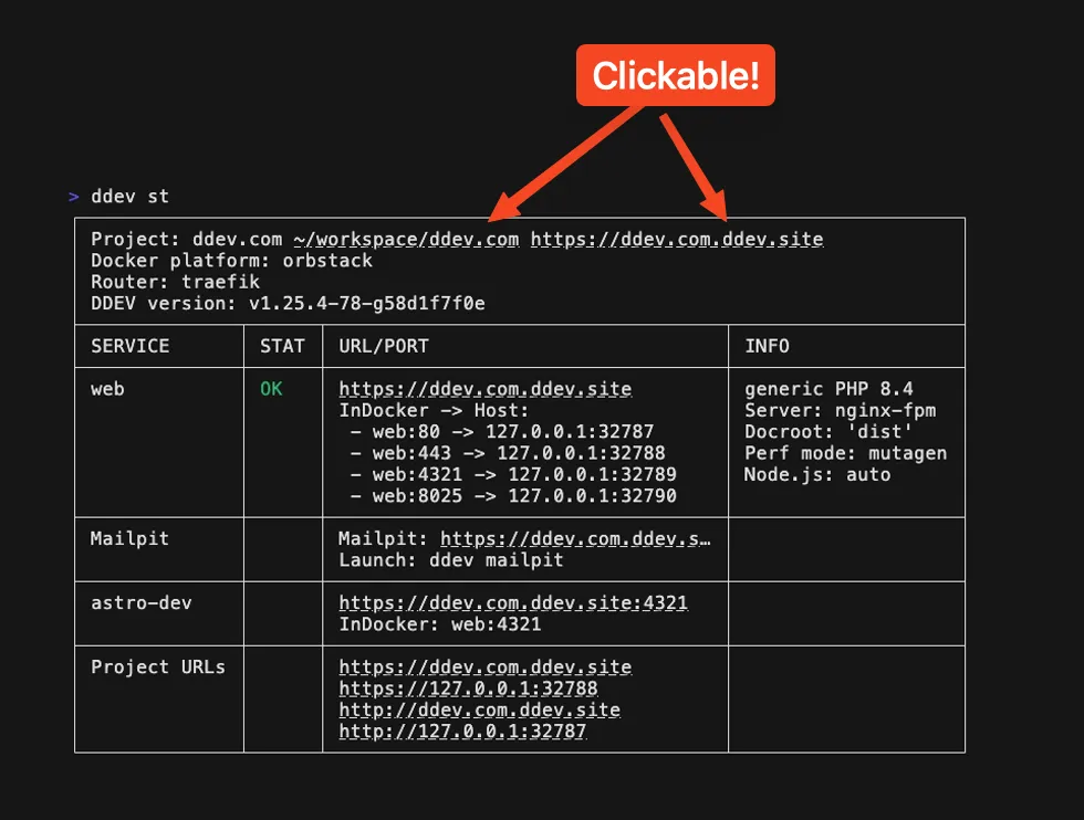 ddev st output with the project location underlined as a clickable link