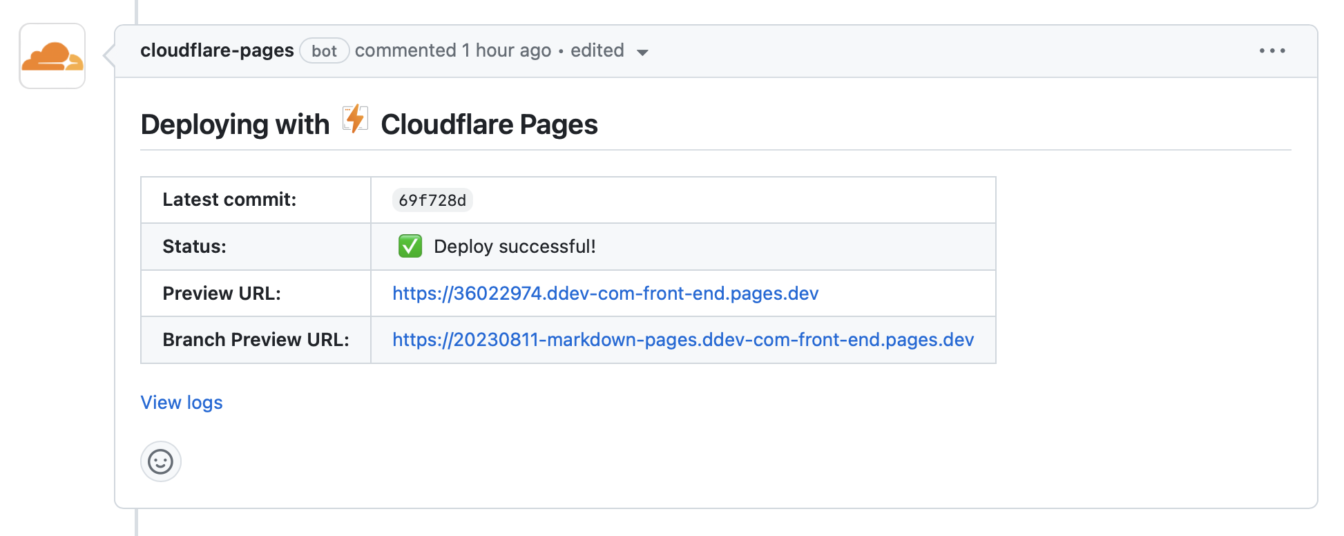 Automatic PR comment with Cloudflare Pages build status and link