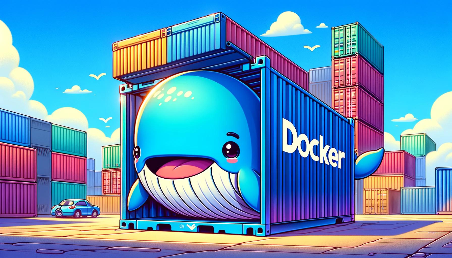 Cartoon whale in a shipping container labeled ‘Docker’