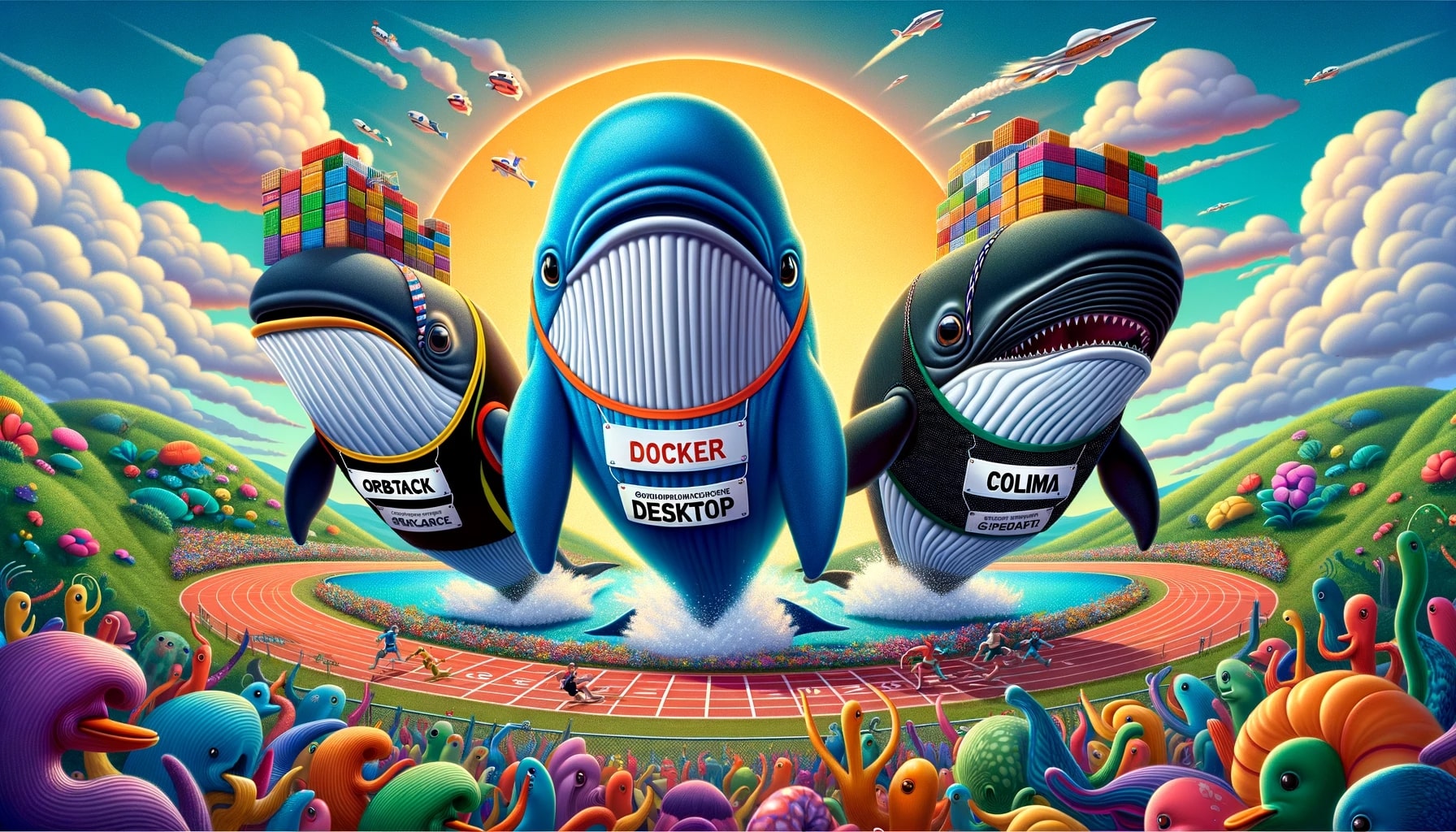 Cartoon race with three whales competing in a running race