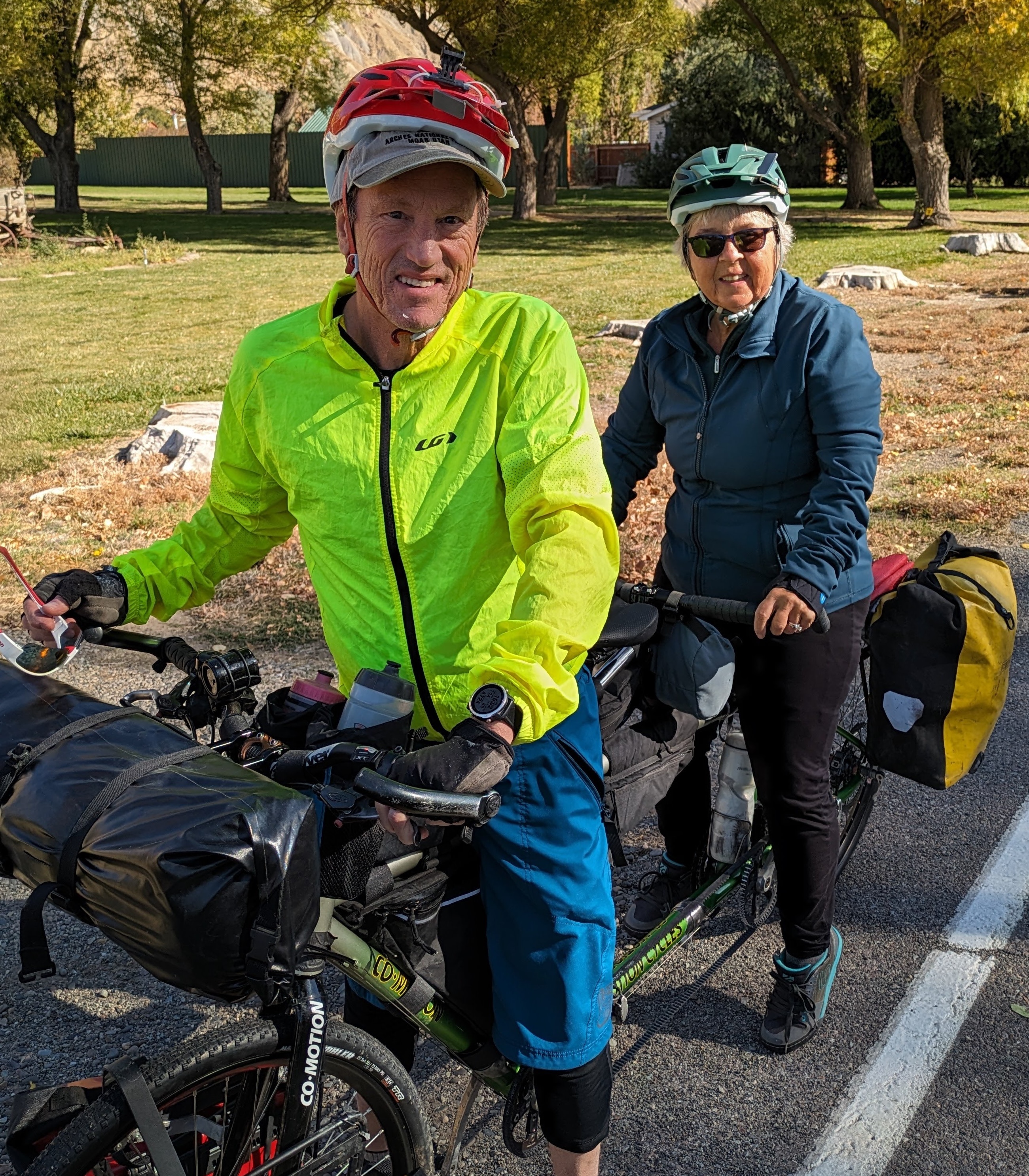 Randy Fay and wife Nancy on loaded tandem bicycle