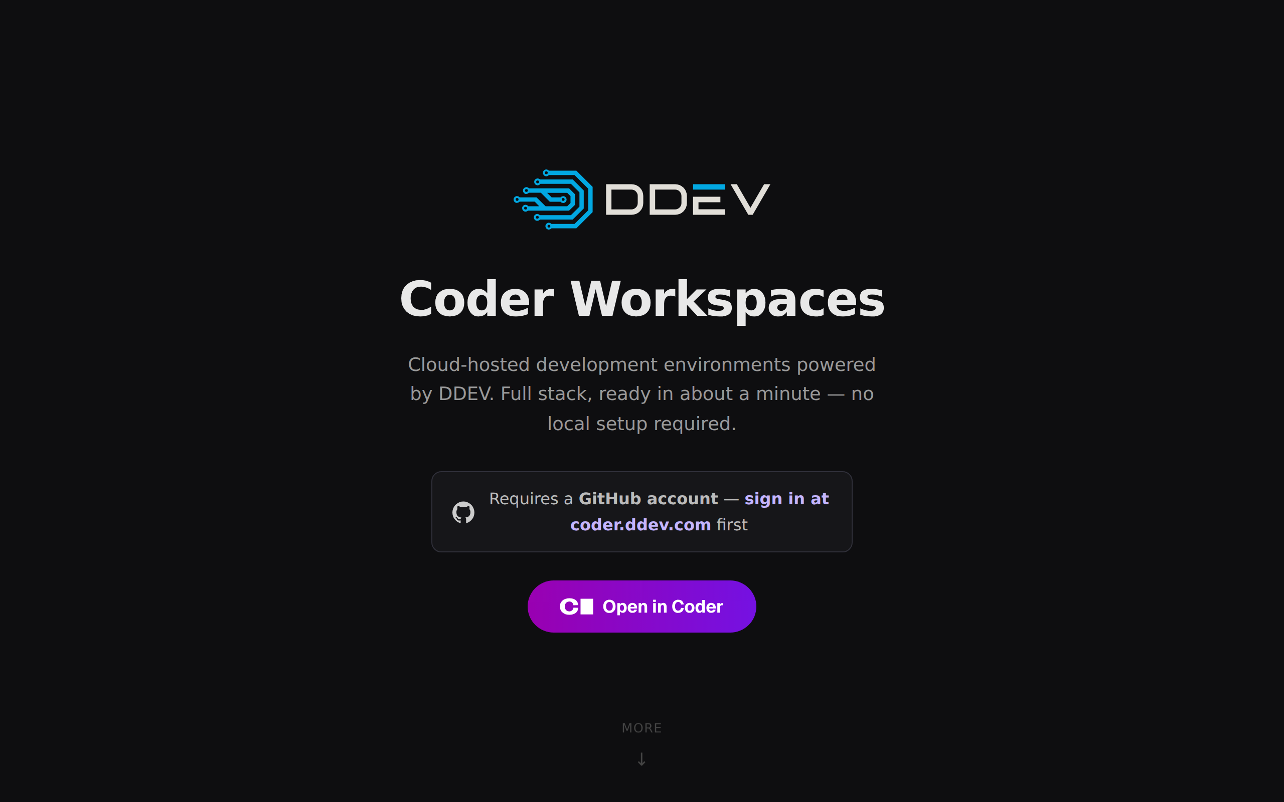start.coder.ddev.com — Coder Workspaces landing page showing the DDEV logo and Open in Coder button