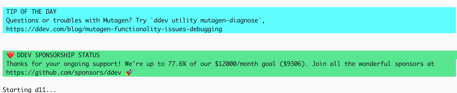 ddev start sponsorship status output