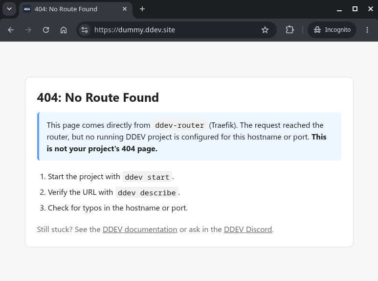 The ddev-router 404 page, shown for a hostname with no running DDEV project