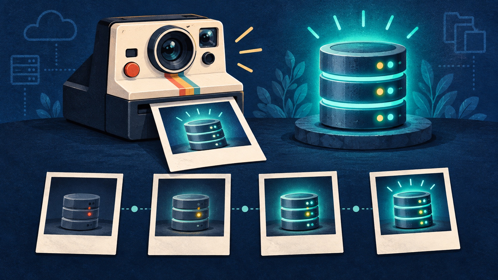 A retro instant camera producing photos of a glowing database server, with database checkpoints lined up below.