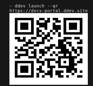 ddev launch --qr printing the project URL and its QR code