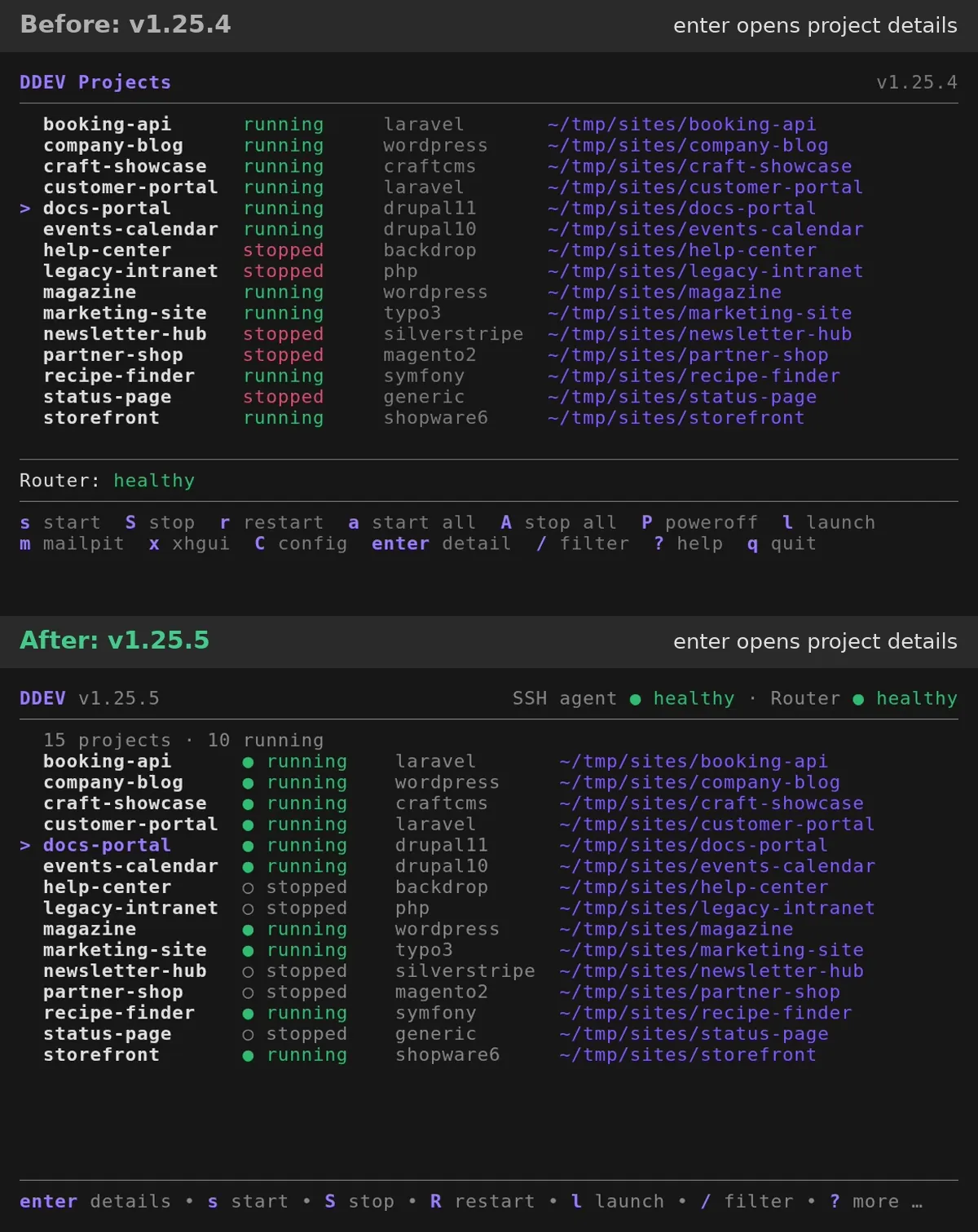 The ddev tui project view in v1.25.4 (top) and v1.25.5 (bottom)