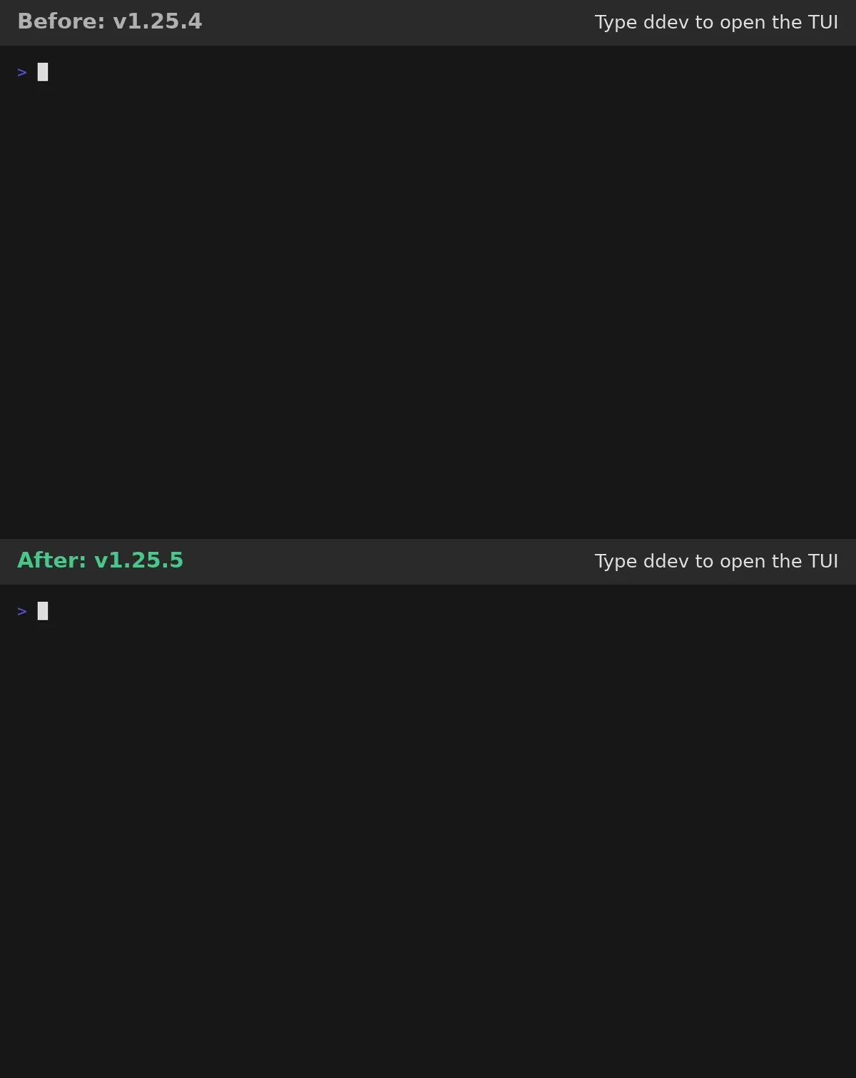 The ddev tui project list in v1.25.4 (top) and v1.25.5 (bottom)
