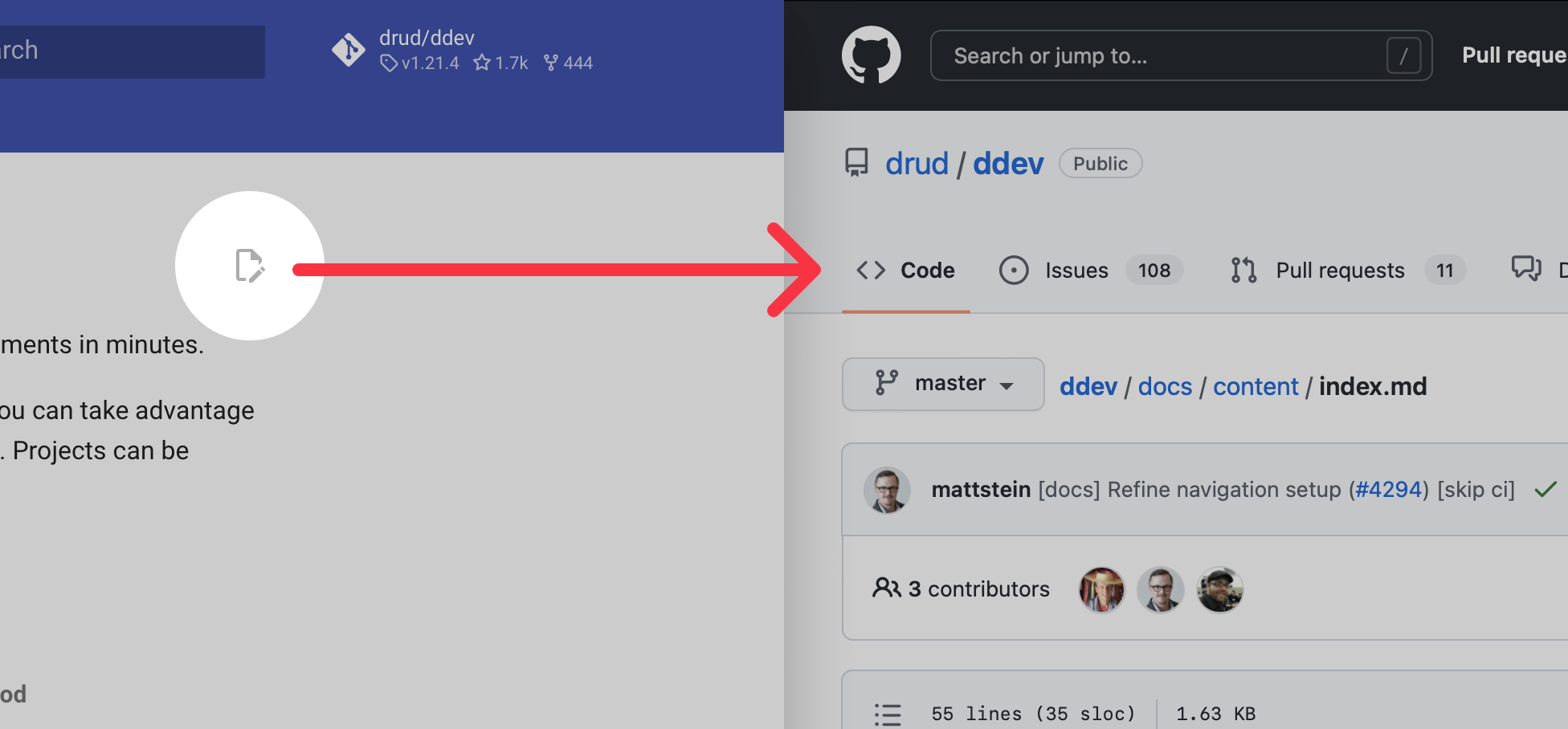 Screenshot visually highlighting the “Edit this page” icon in the docs and pointing to its corresponding GitHub URL
