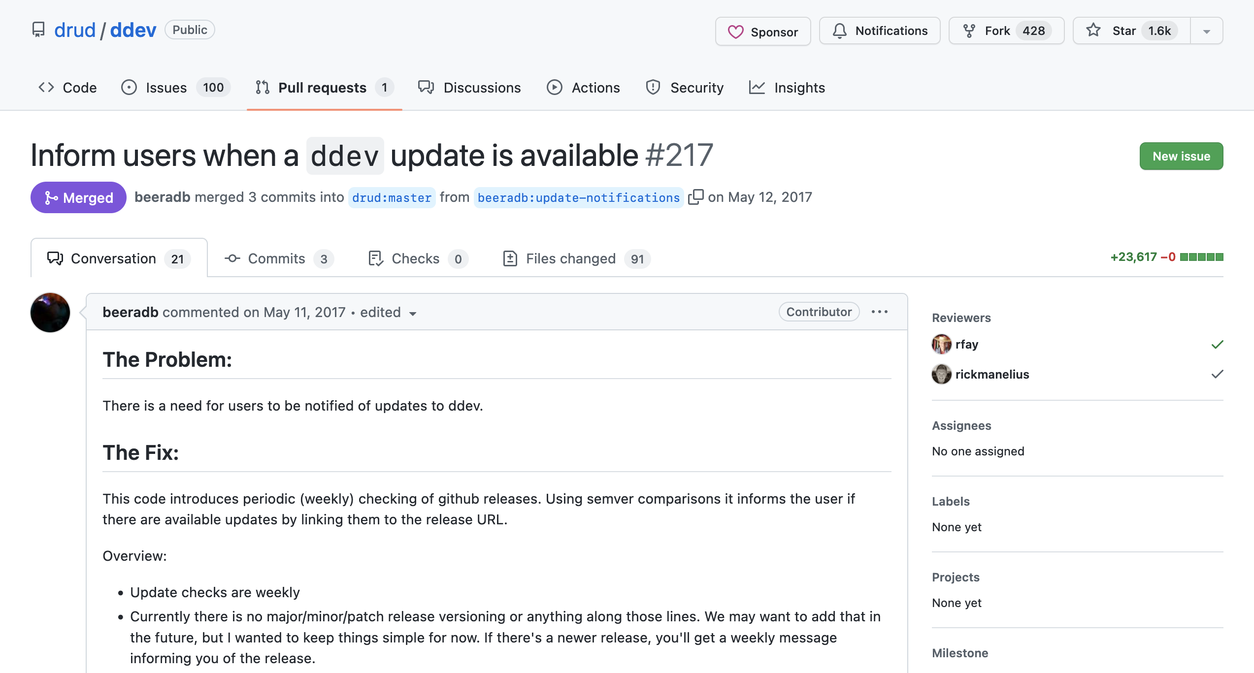 Screenshot of GitHub PR #217, where @beeradb added new version notifications
